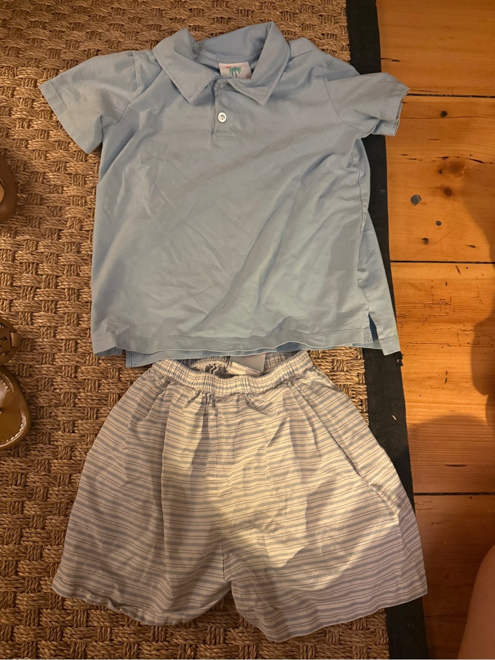 Kids Light Blue Polo Top and Striped Shorts Matching Set